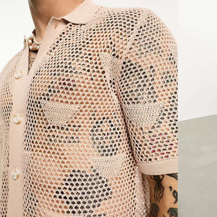Men's Solid Color Loose Mesh Hollow Cut-Out Button-up Shirt - ChoreGirl