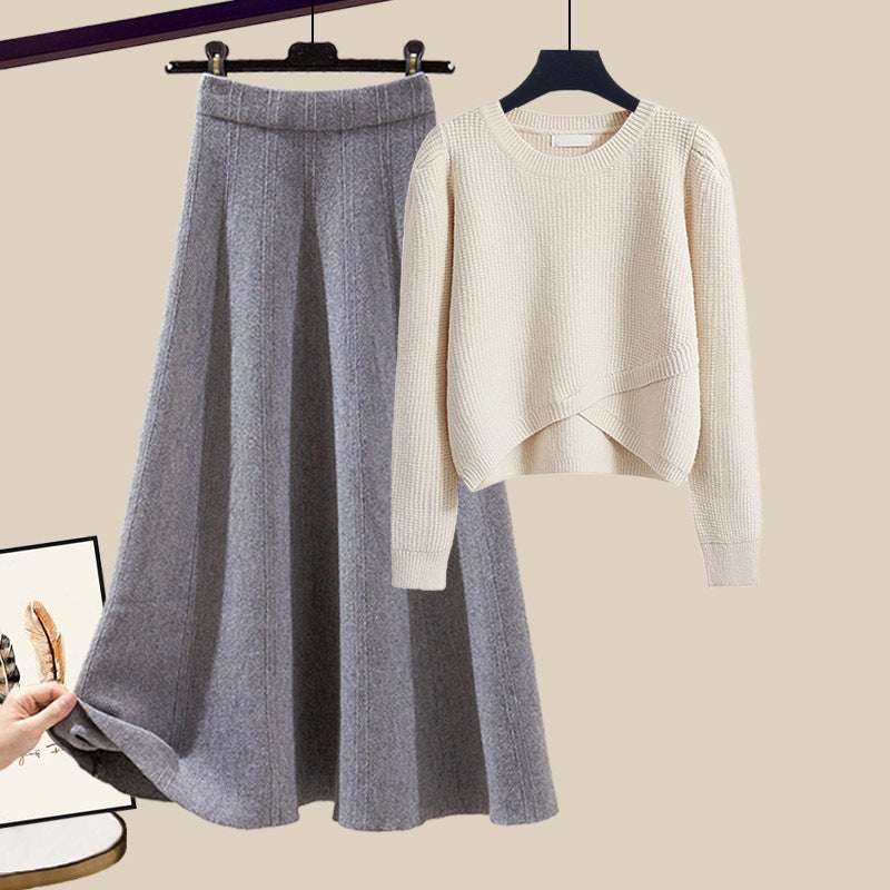 Women's Warm Irregular Style Knitted Sweater and Skirt Outfit Set