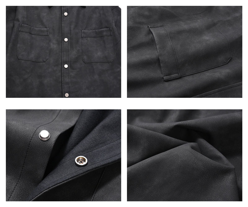 Men's Retro Street Style Washed-out PU Leather Long Sleeved Button-up Shirt - ChoreGirl