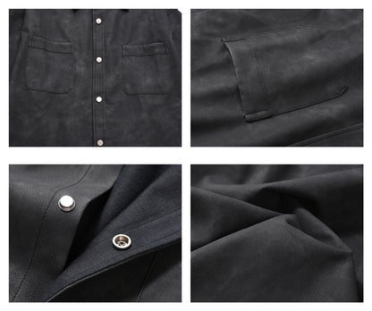 Men's Retro Street Style Washed-out PU Leather Long Sleeved Button-up Shirt - ChoreGirl