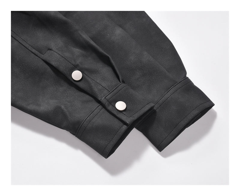 Men's Retro Street Style Washed-out PU Leather Long Sleeved Button-up Shirt - ChoreGirl