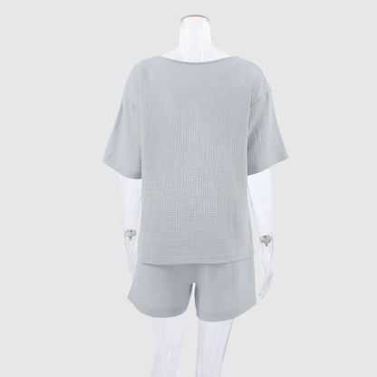 Women's Loose Double-layer Gauze Short-sleeved Shirt and Shorts Two-piece Pajamas Set - ChoreGirl