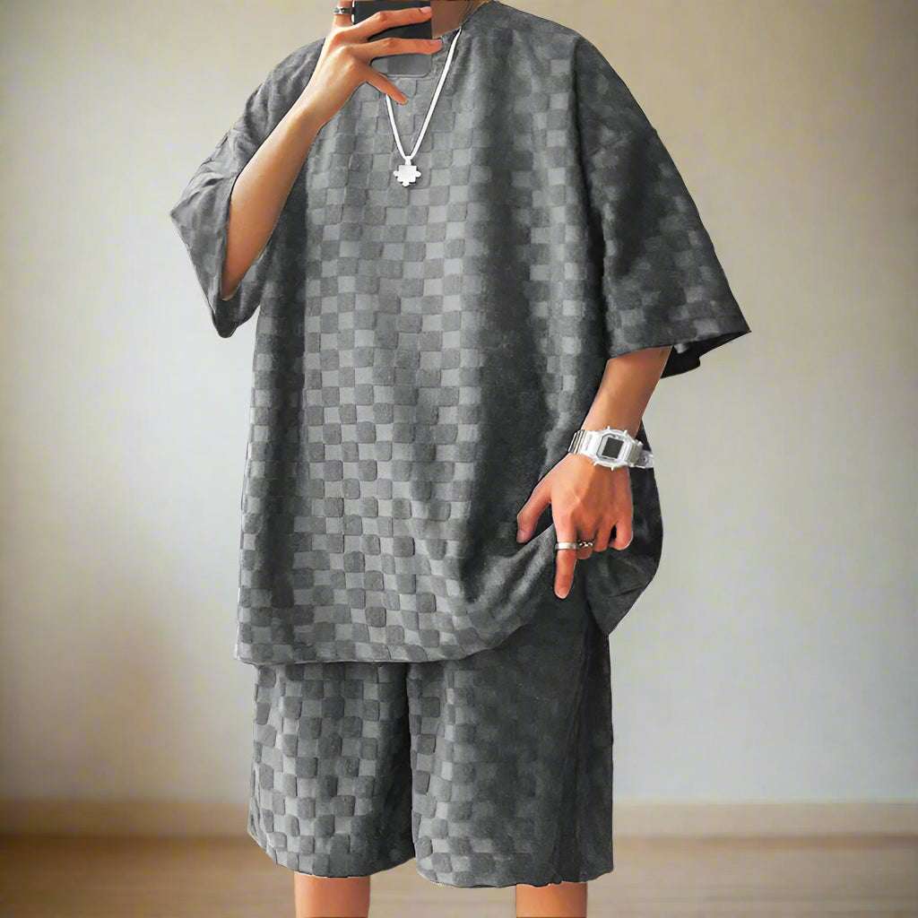 Men's Casual Loose Jacquard Plaid Short Sleeved T-Shirt and Shorts Outfit Set - ChoreGirl