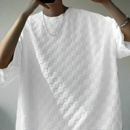 Men's Casual Loose Jacquard Plaid Short Sleeved T-Shirt and Shorts Outfit Set - ChoreGirl