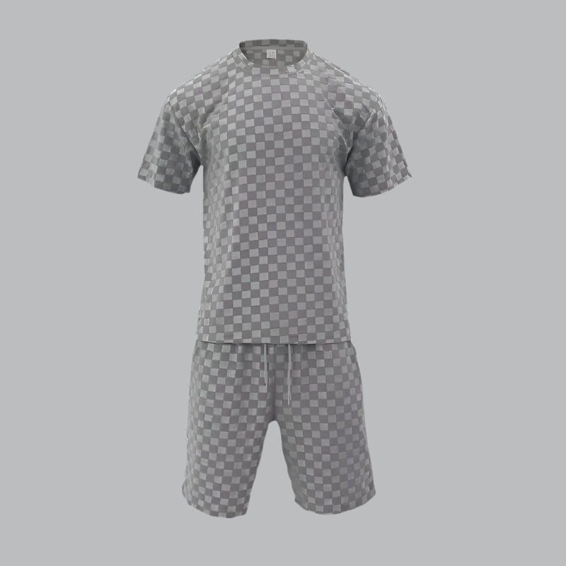 Men's Casual Loose Jacquard Plaid Short Sleeved T-Shirt and Shorts Outfit Set - ChoreGirl