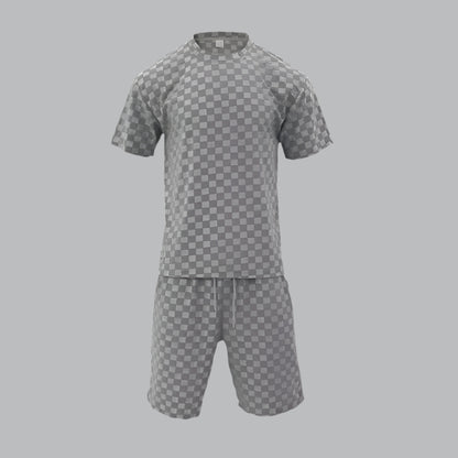 Men's Casual Loose Jacquard Plaid Short Sleeved T-Shirt and Shorts Outfit Set - ChoreGirl