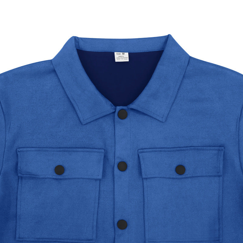 Men's Suede Single-breasted Solid Color Slim Fit Short Sleeved Shirt and Pants Two-piece Outfit Set - ChoreGirl