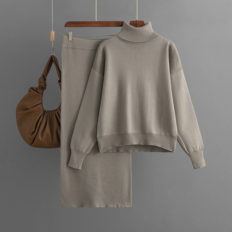 Women's Knit Turtleneck Sweater and Skirt Two-piece Outfit Set - ChoreGirl