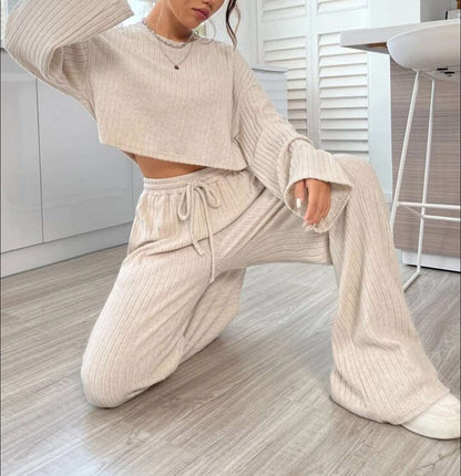 Women's Casual Loungewear Knitted Long Sleeve Top and Pants Outfit Set - ChoreGirl