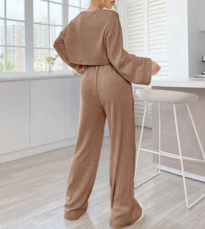 Women's Casual Loungewear Knitted Long Sleeve Top and Pants Outfit Set - ChoreGirl