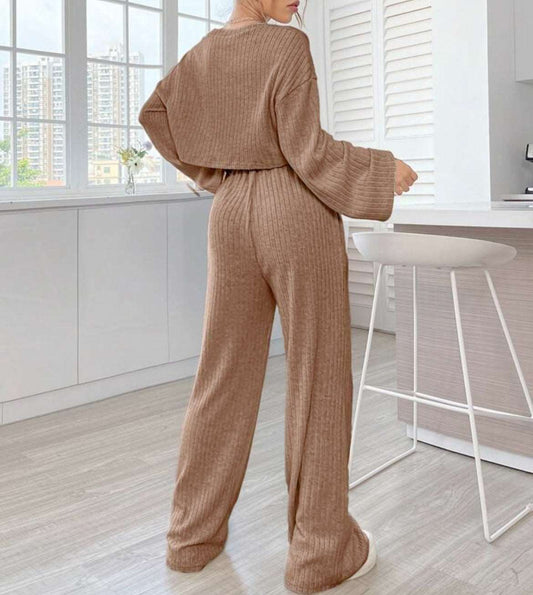 Women's Casual Loungewear Knitted Long Sleeve Top and Pants Outfit Set - ChoreGirl