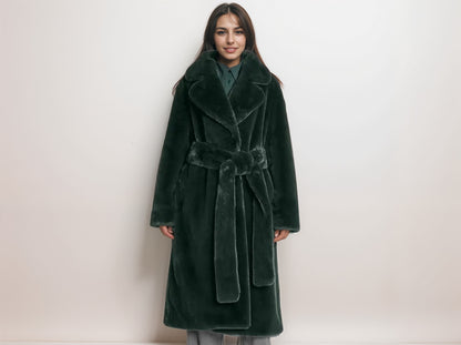 Women's Long Faux Fur Coat with Belt