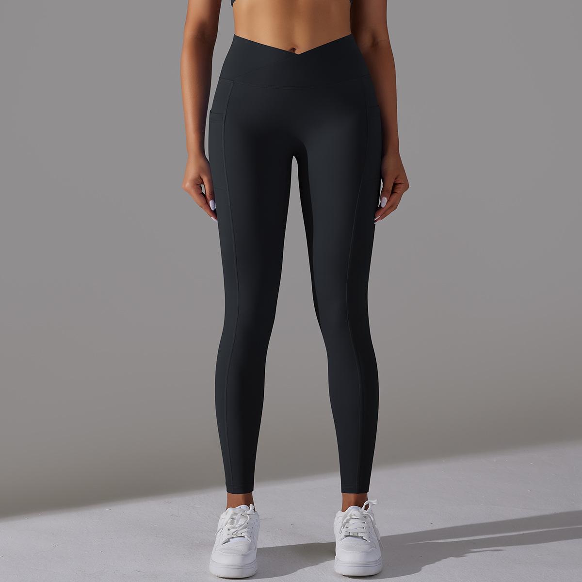 Women's Nude Feel Skin-friendly Cross Waist Stretch Fitness Pants With Pocket - ChoreGirl