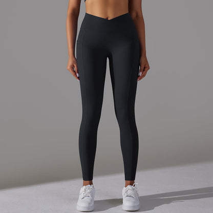 Women's Nude Feel Skin-friendly Cross Waist Stretch Fitness Pants With Pocket - ChoreGirl