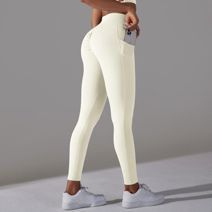 Women's Nude Feel Skin-friendly Cross Waist Stretch Fitness Pants With Pocket - ChoreGirl