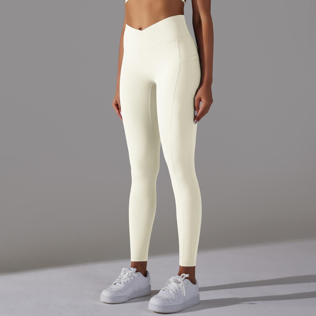 Women's Nude Feel Skin-friendly Cross Waist Stretch Fitness Pants With Pocket - ChoreGirl