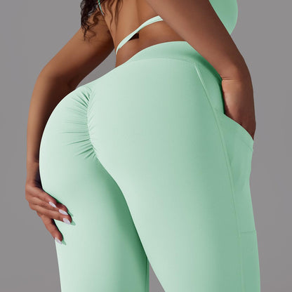 Women's Nude Feel Skin-friendly Cross Waist Stretch Fitness Pants With Pocket - ChoreGirl