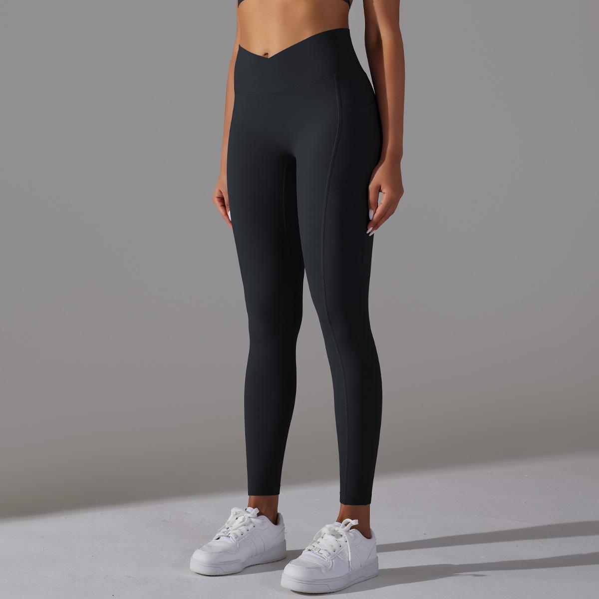 Women's Nude Feel Skin-friendly Cross Waist Stretch Fitness Pants With Pocket - ChoreGirl