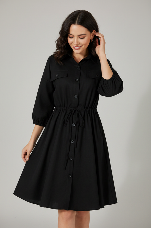 Elegant Casual Long Sleeve Short Dress - Women's Cotton