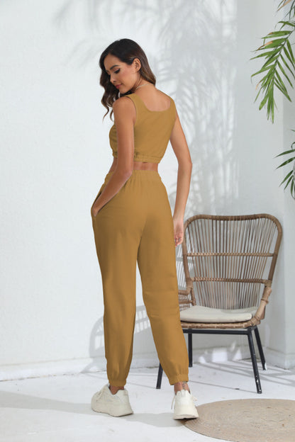 Women's Casual Cropped Tank Top and Pants Two-piece Outfit Set - ChoreGirl