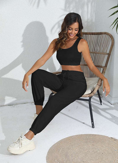 Women's Casual Cropped Tank Top and Pants Two-piece Outfit Set - ChoreGirl
