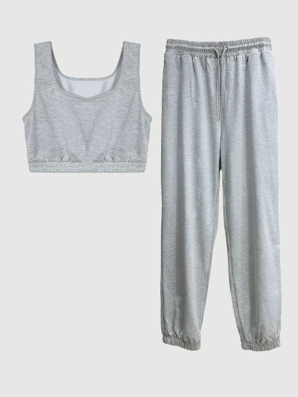 Women's Casual Cropped Tank Top and Pants Two-piece Outfit Set - ChoreGirl