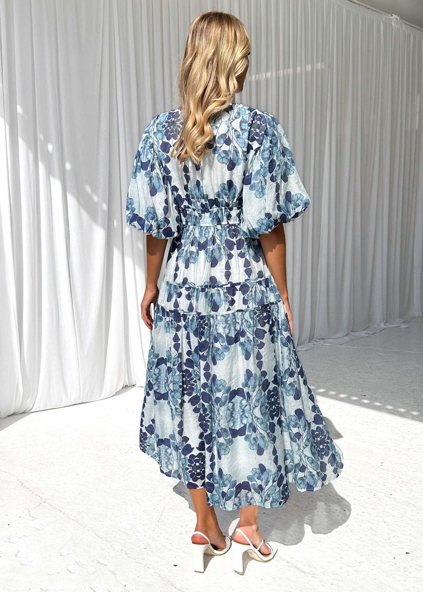 Women's Colorful Printed V-neck Puff Sleeve Dress - ChoreGirl