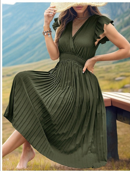 Women's Fashion V-neck High Waist Plated Swing Dress - ChoreGirl