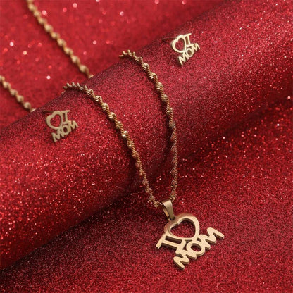 Women's Mother's Day Stainless Steel I Love Mom Heart Pendant Necklace and Earrings Jewelry Set - ChoreGirl