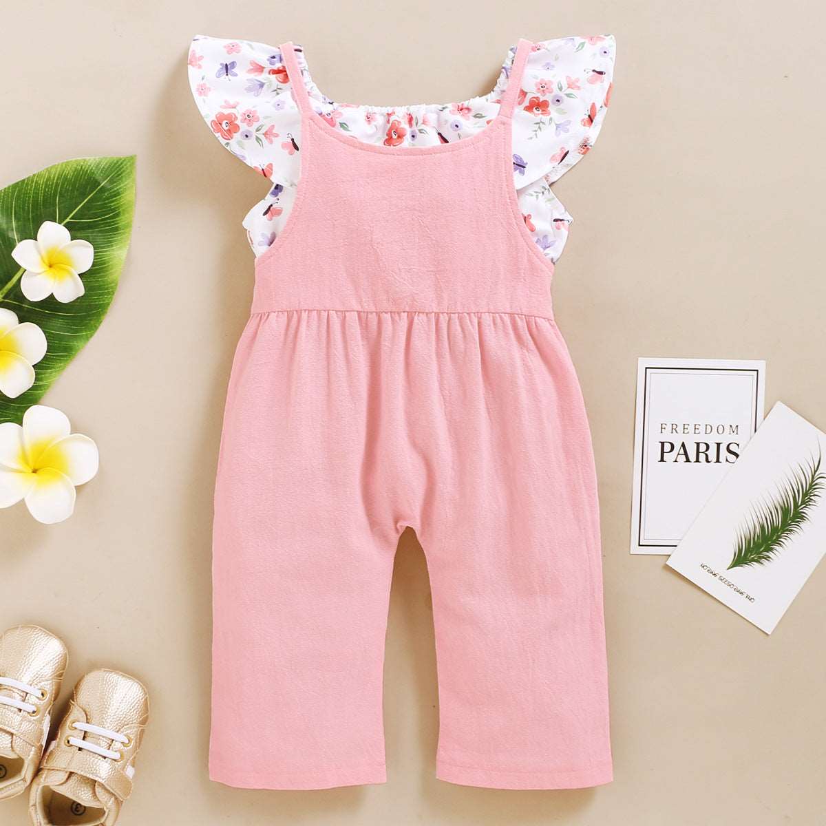 Baby Girl Floral Sleeveless Top and Solid Color Suspender Pants Two-piece Outfit Set - ChoreGirl