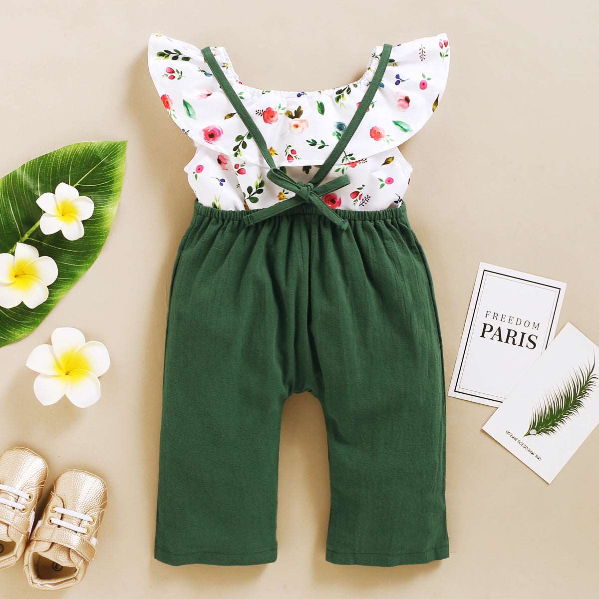 Baby Girl Floral Sleeveless Top and Solid Color Suspender Pants Two-piece Outfit Set - ChoreGirl