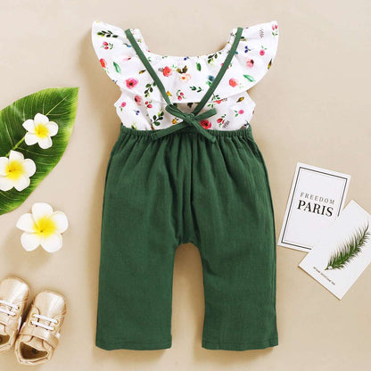 Baby Girl Floral Sleeveless Top and Solid Color Suspender Pants Two-piece Outfit Set - ChoreGirl