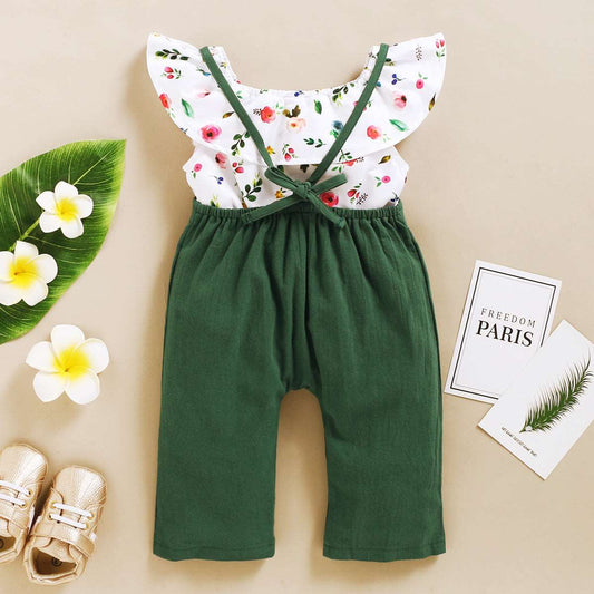 Baby Girl Floral Sleeveless Top and Solid Color Suspender Pants Two-piece Outfit Set - ChoreGirl