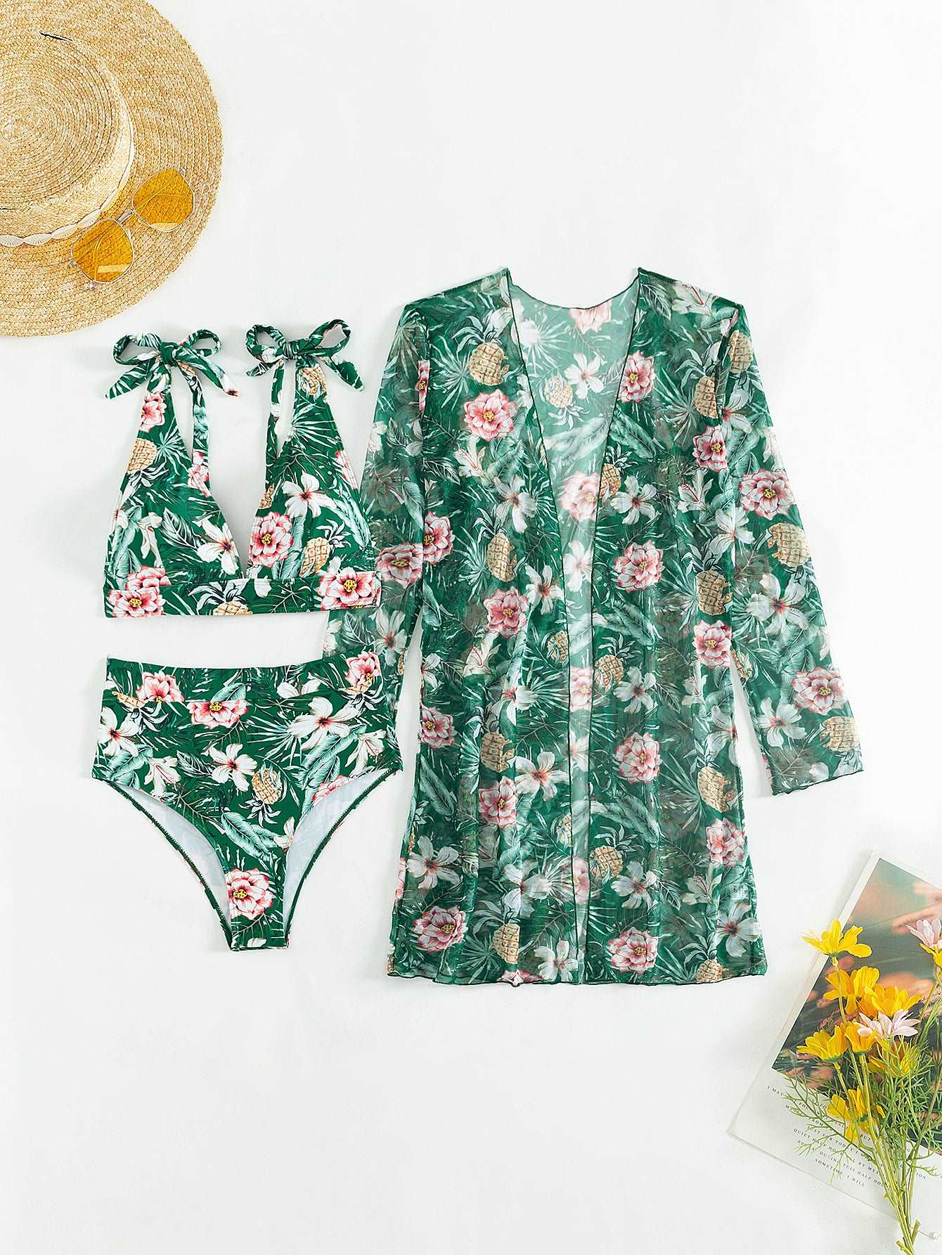 Women's Multicolor Printed Two-piece Swimsuit with Cover-up Robe - ChoreGirl
