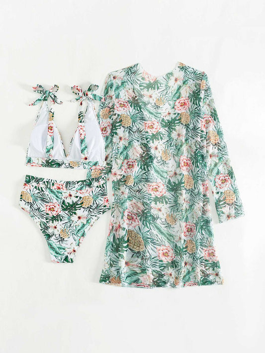 Women's Multicolor Printed Two-piece Swimsuit with Cover-up Robe - ChoreGirl