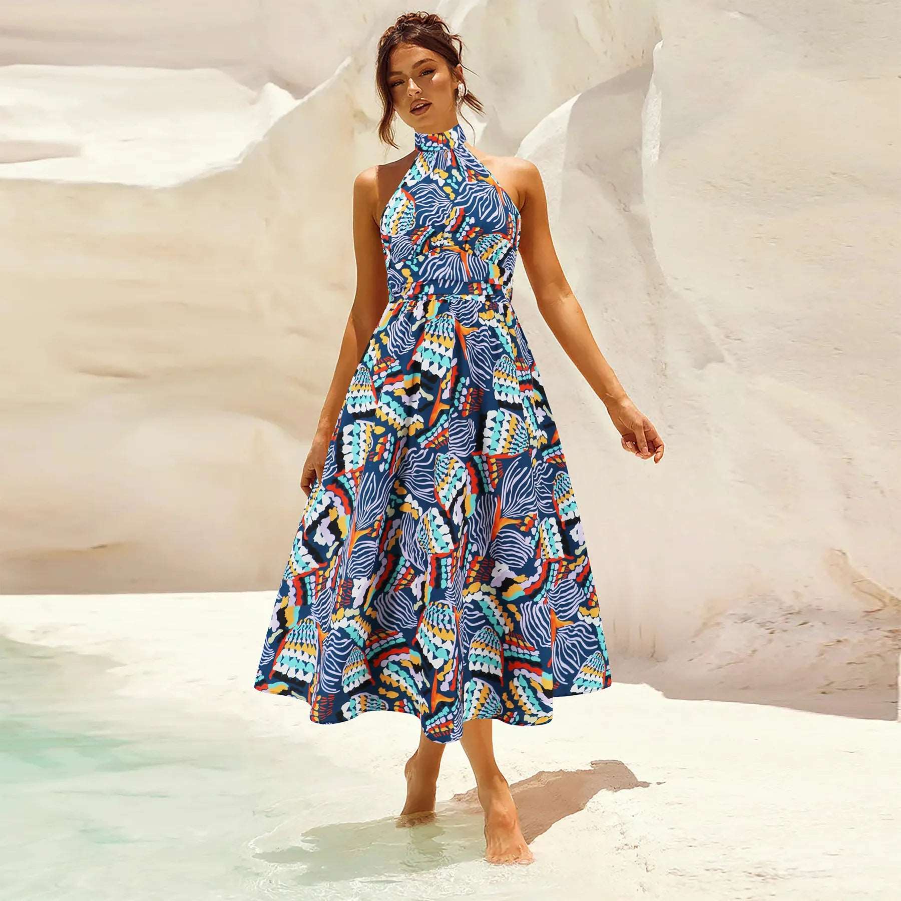 Women's Printed Stand Collar Sleeveless Dress - ChoreGirl