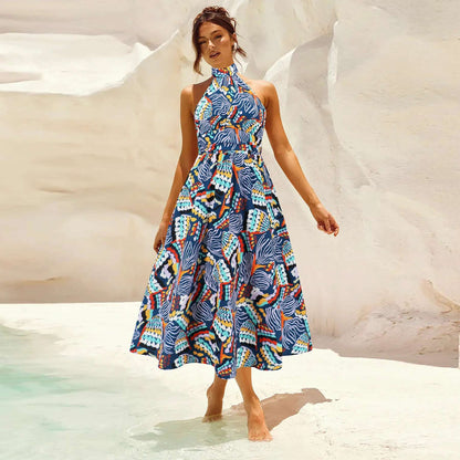 Women's Printed Stand Collar Sleeveless Dress - ChoreGirl