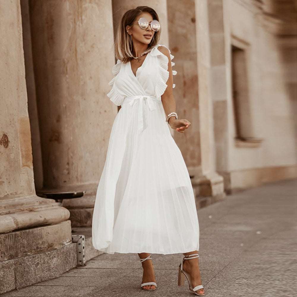 Women's Elegant Ruffle Sleeve Slim Fit Chiffon Dress - ChoreGirl