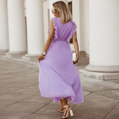 Women's Elegant Ruffle Sleeve Slim Fit Chiffon Dress - ChoreGirl