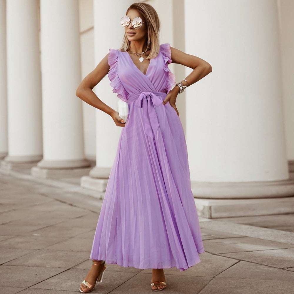 Women's Elegant Ruffle Sleeve Slim Fit Chiffon Dress - ChoreGirl
