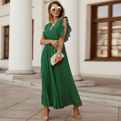 Women's Elegant Ruffle Sleeve Slim Fit Chiffon Dress - ChoreGirl