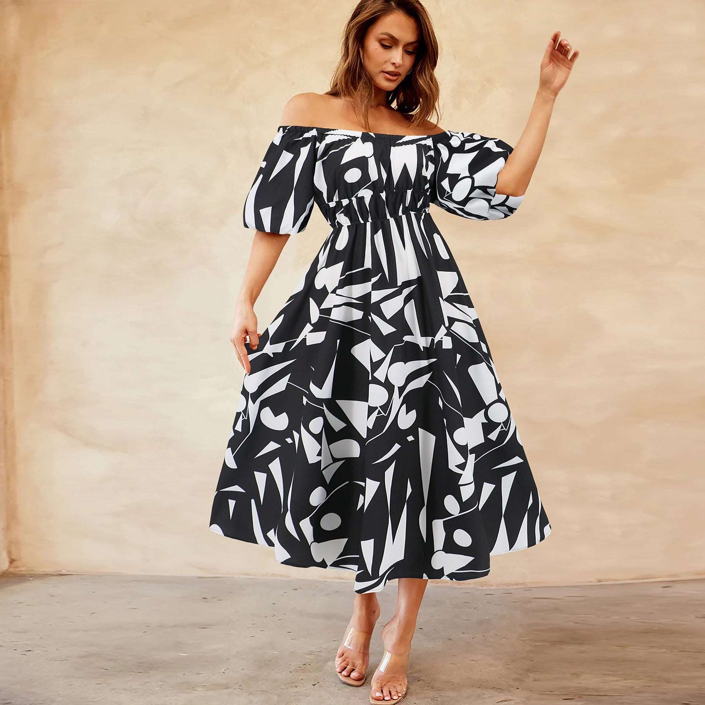 Women's Casual Off-shoulder Bubble Sleeve Large Swing Dress - ChoreGirl
