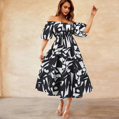 Women's Casual Off-shoulder Bubble Sleeve Large Swing Dress - ChoreGirl