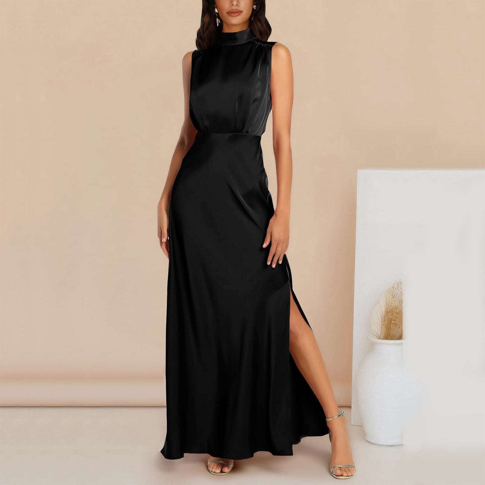 Women's Elegant Satin Stand Collar Long Dress - ChoreGirl