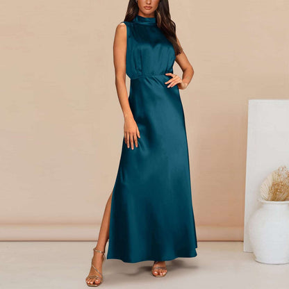 Women's Elegant Satin Stand Collar Long Dress - ChoreGirl