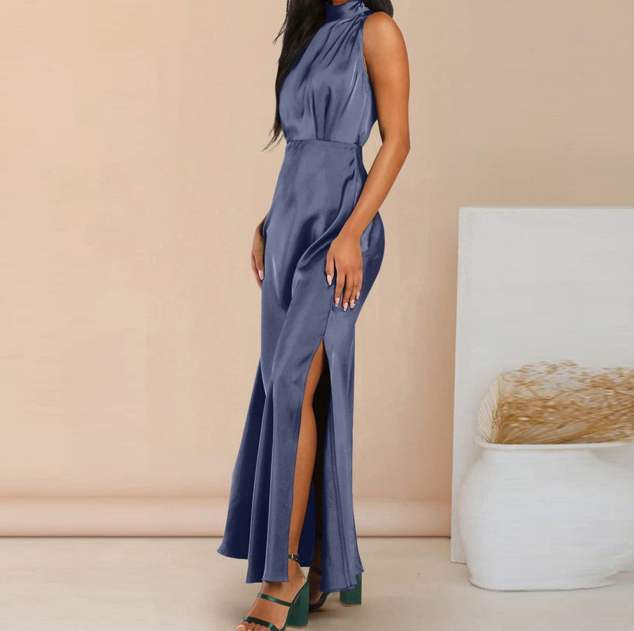 Women's Elegant Satin Stand Collar Long Dress - ChoreGirl