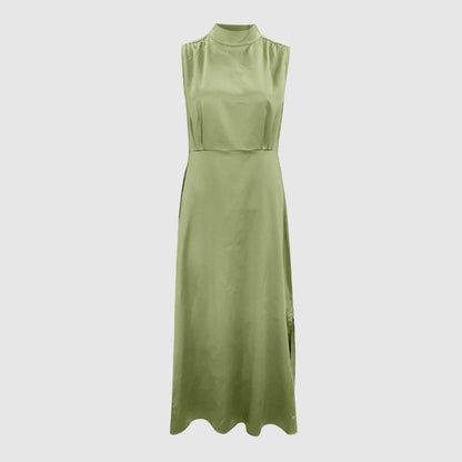 Women's Elegant Satin Stand Collar Long Dress - ChoreGirl