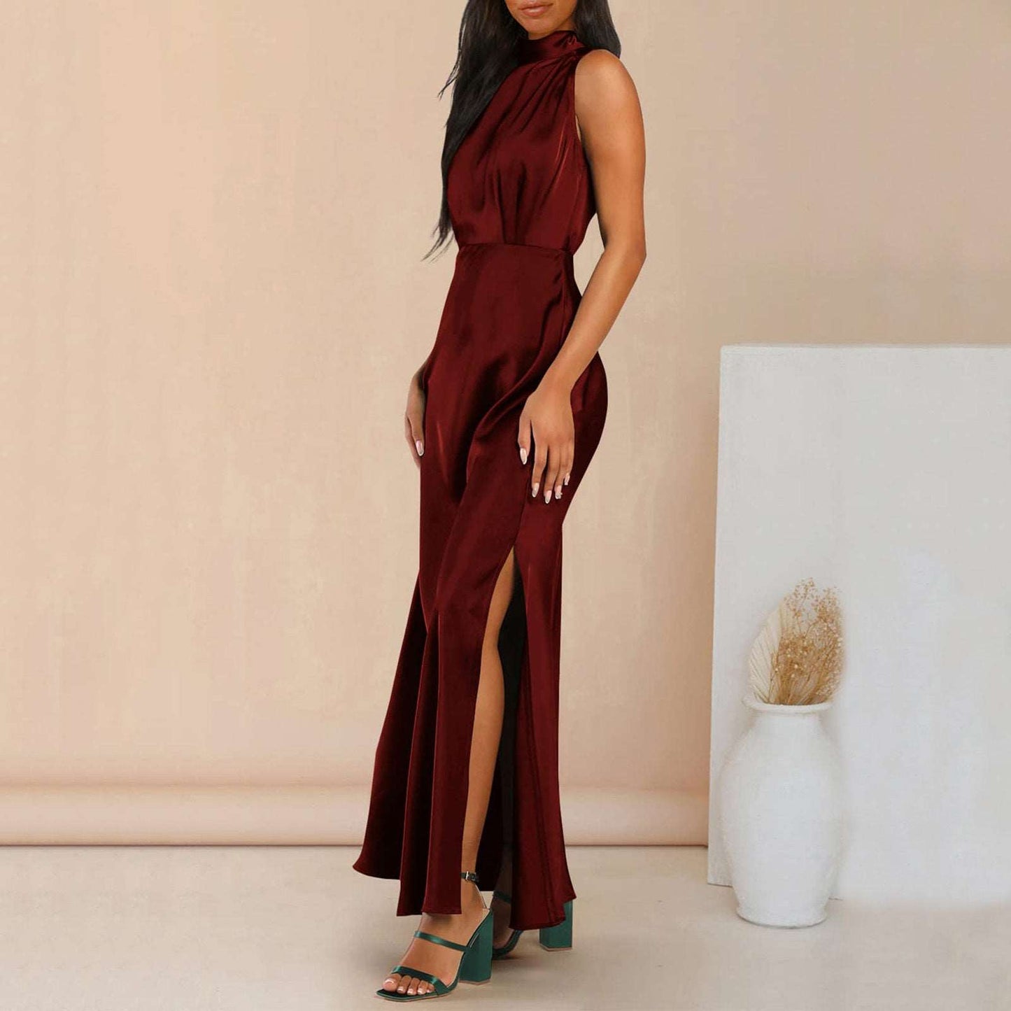 Women's Elegant Satin Stand Collar Long Dress - ChoreGirl