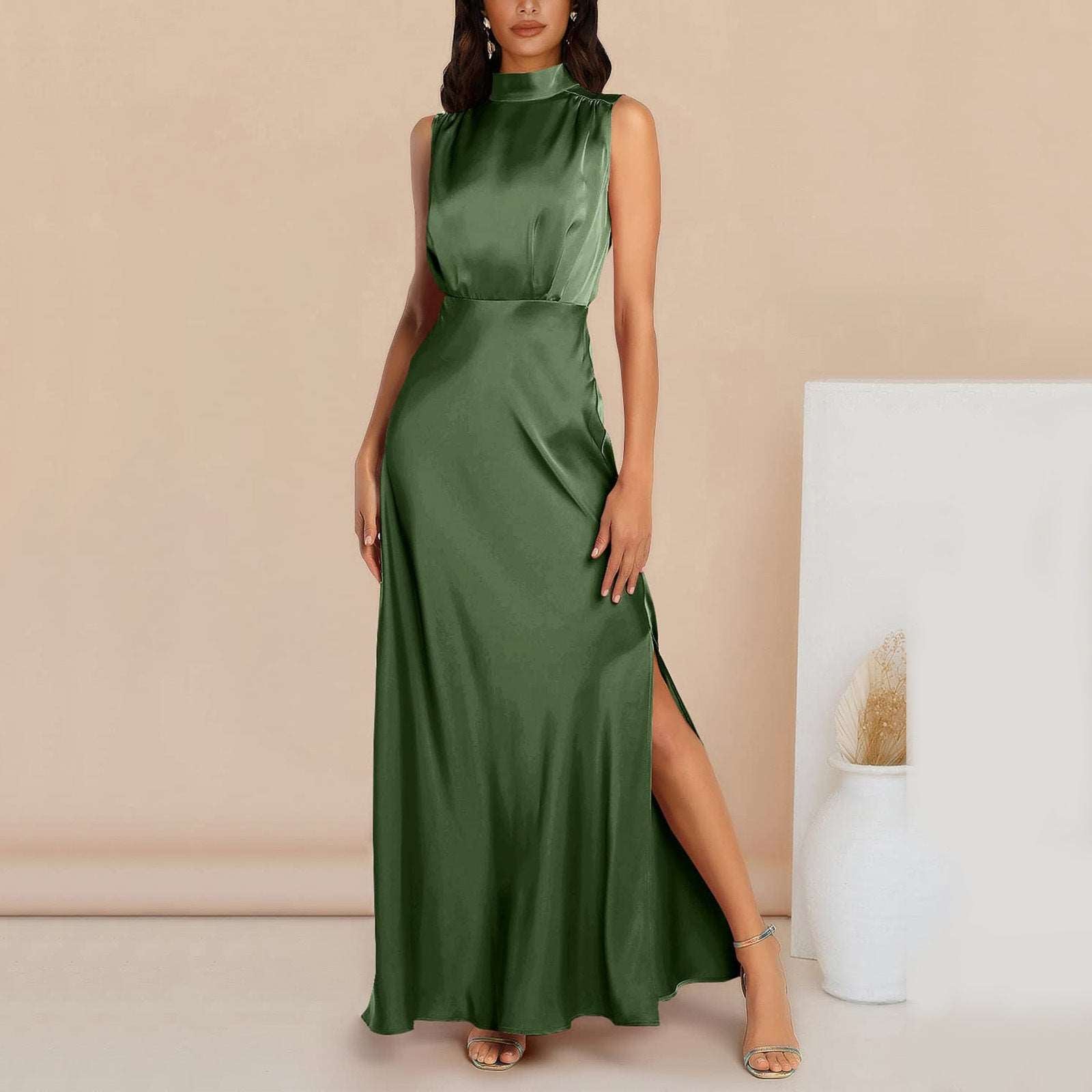 Women's Elegant Satin Stand Collar Long Dress - ChoreGirl