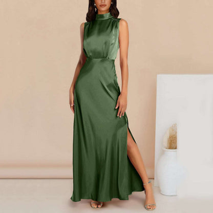 Women's Elegant Satin Stand Collar Long Dress - ChoreGirl
